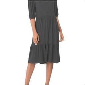 T Tahari Blouson Sleeve Tiered Visoce Blend Midi Dress Knit Charcoal‎ Gray Large